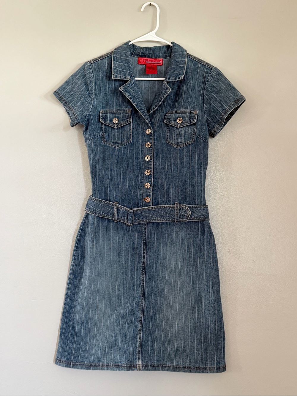 Vintage Y2K Hot Kiss Denim Pinstripe Dress Belted Button Up Stretch Medium